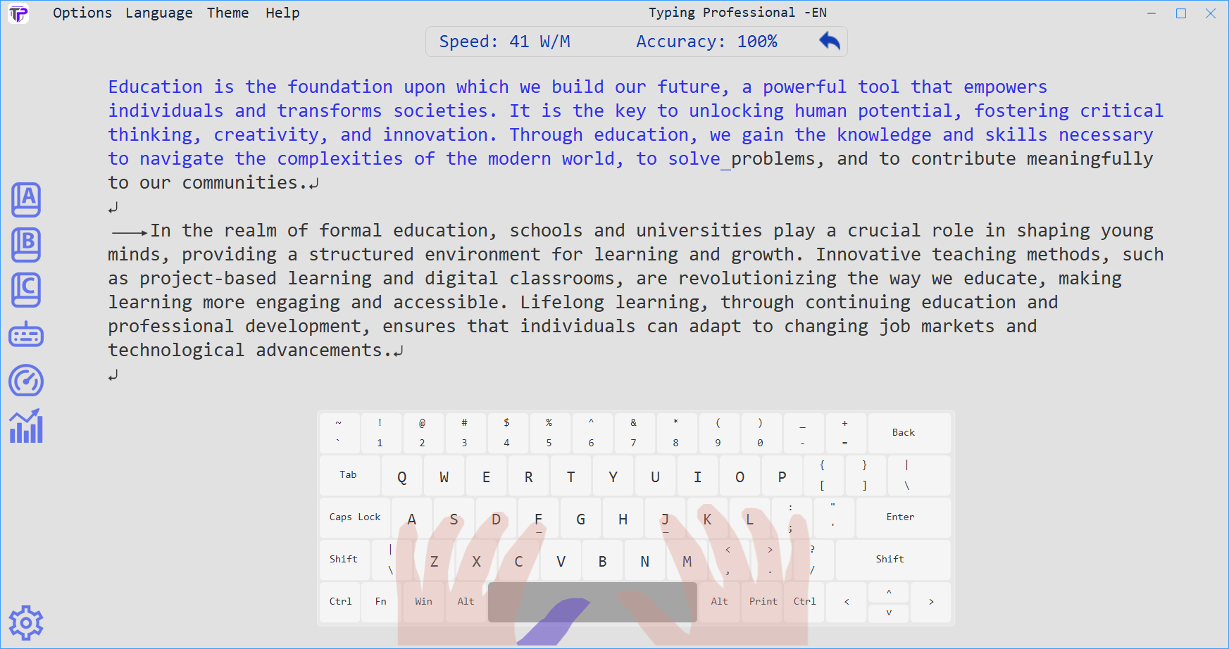Typing Professional English typing lesson screenshot