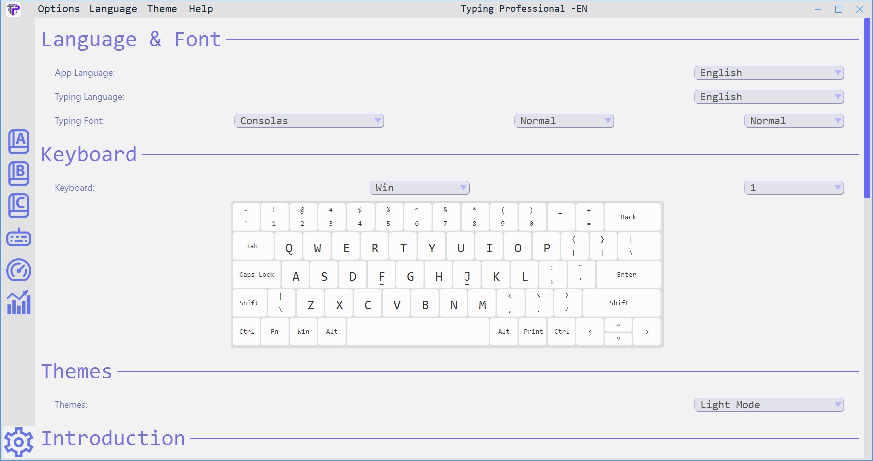 Typing Professional settings page screenshot